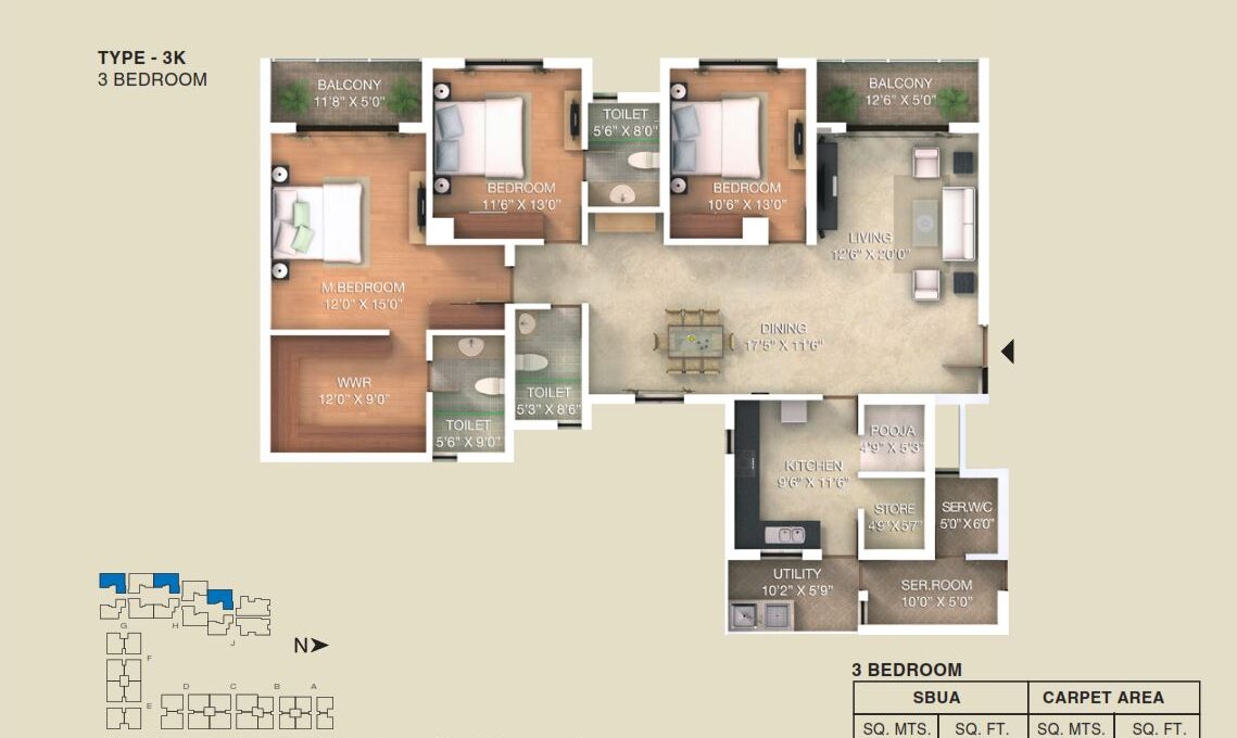 3 BHK — 2,100 sq.ft Floor Plan
