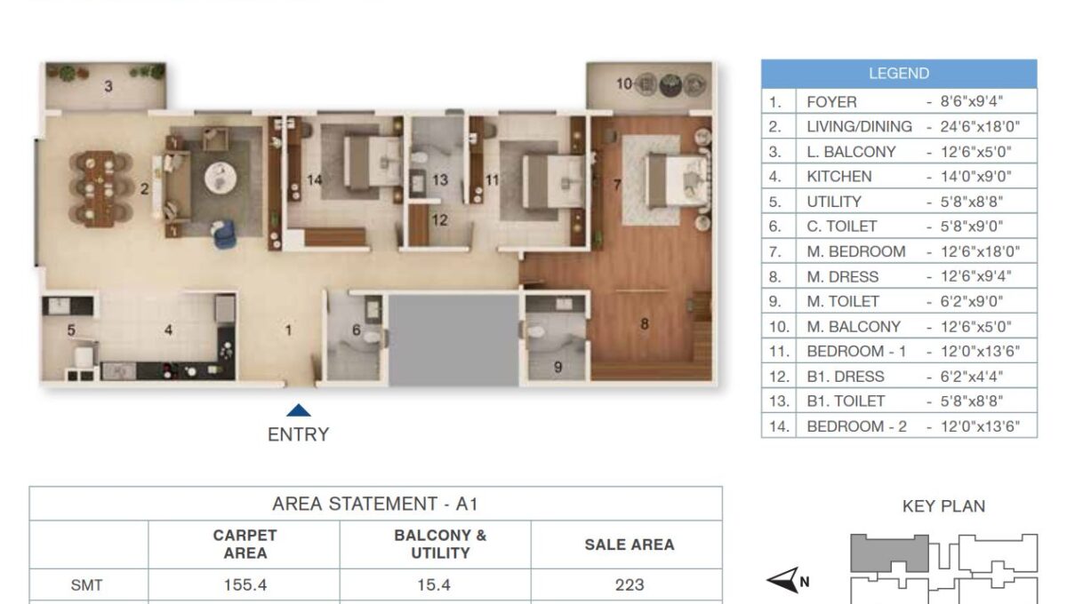 3 BHK Type C — 2,515 sq.ft Floor Plan