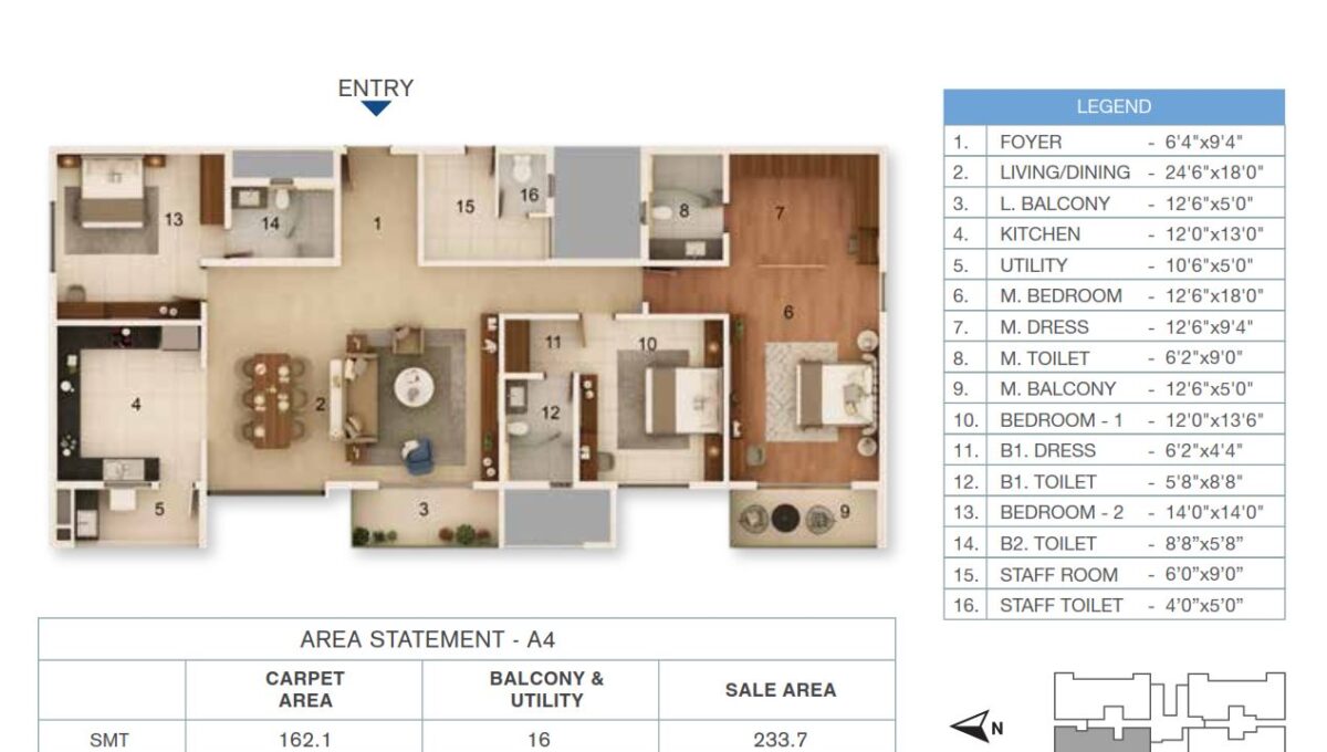 3 BHK Type B — 2,450 sq.ft Floor Plan