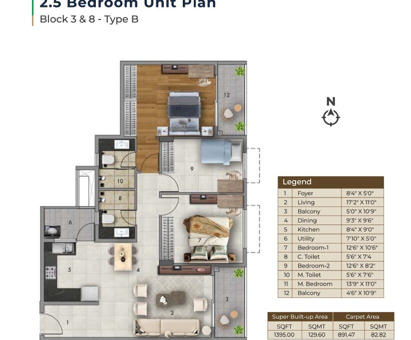2.5 BHK — 1,395 sq.ft Floor Plan