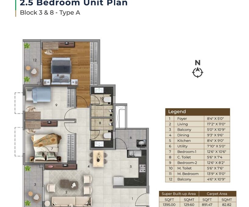 2.5 BHK — 1,385 sq.ft Floor Plan