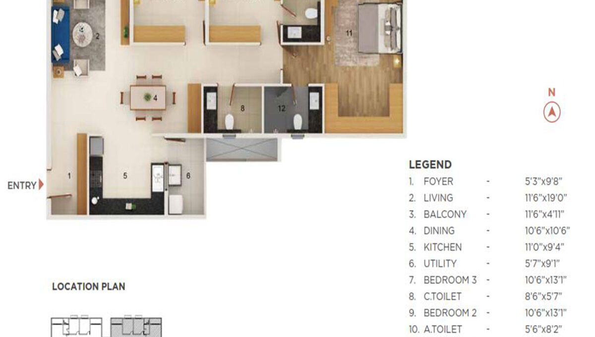 3 BHK Prestige — 1,906 sq.ft Floor Plan